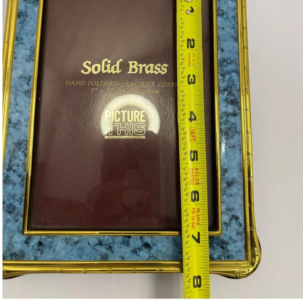 Picture‎ This Solid Brass 5x7 Picture Frame Blue Marble Inlay Bamboo Gold Trim